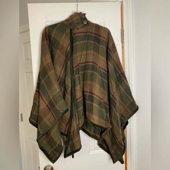 Chaps Jackets & Blazers - Chaps Womens Sweater Poncho Neck Button Wool Blend Plaid Size S